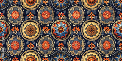 Colorful floral patterned fabric with intricate designs in a navy blue background.