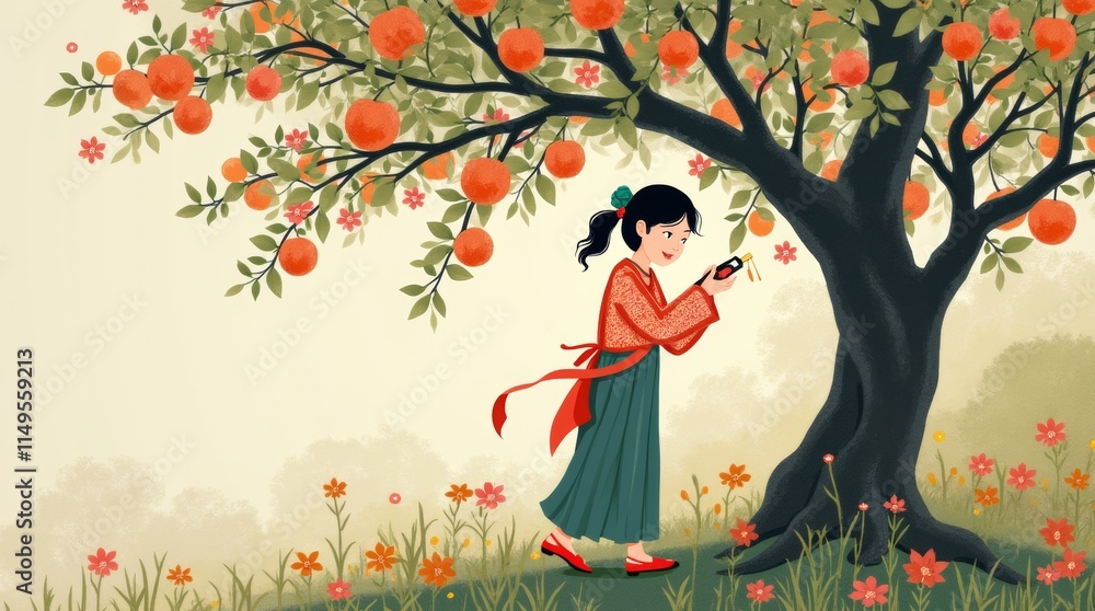 An illustration of an Asian woman pruning a fruit tree An illustration of an Asian woman pruning a fruit tree