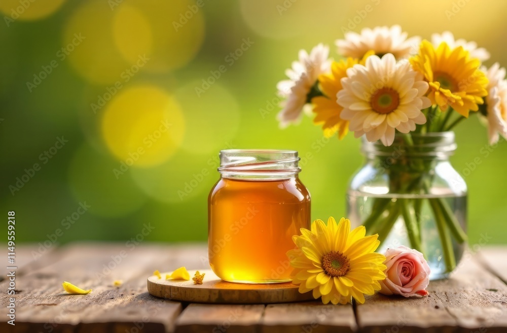 A jar of honey sits atop a weathered wooden table Nearby, a vibrant bouquet of purple and white flowers blooms A jar of honey sits atop a weathered wooden table Nearby, a vibrant bouquet of purple and white flowers blooms