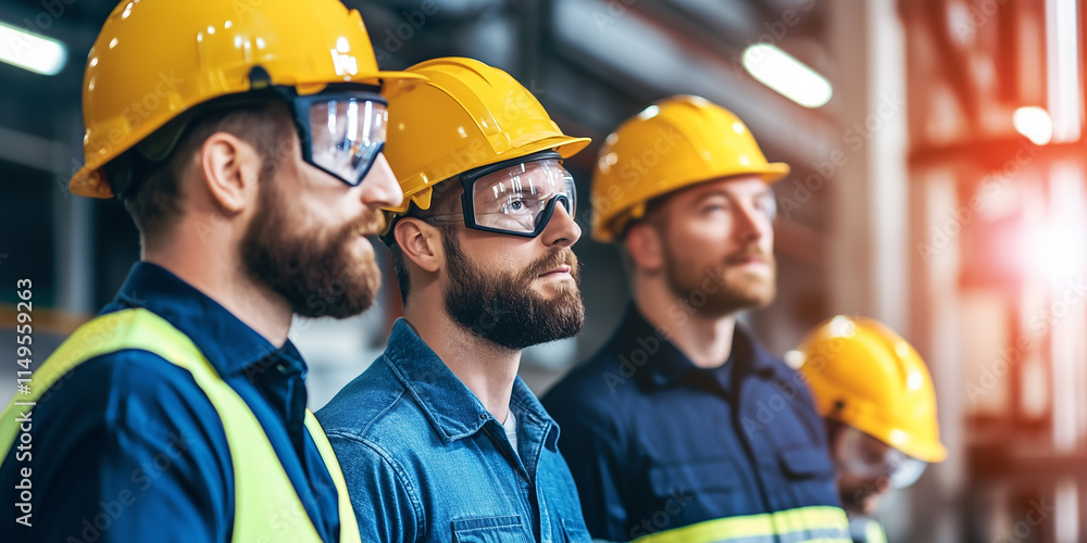 Fototapeta premium group of construction workers wearing safety helmets and protective glasses stands attentively in industrial setting, showcasing teamwork and focus