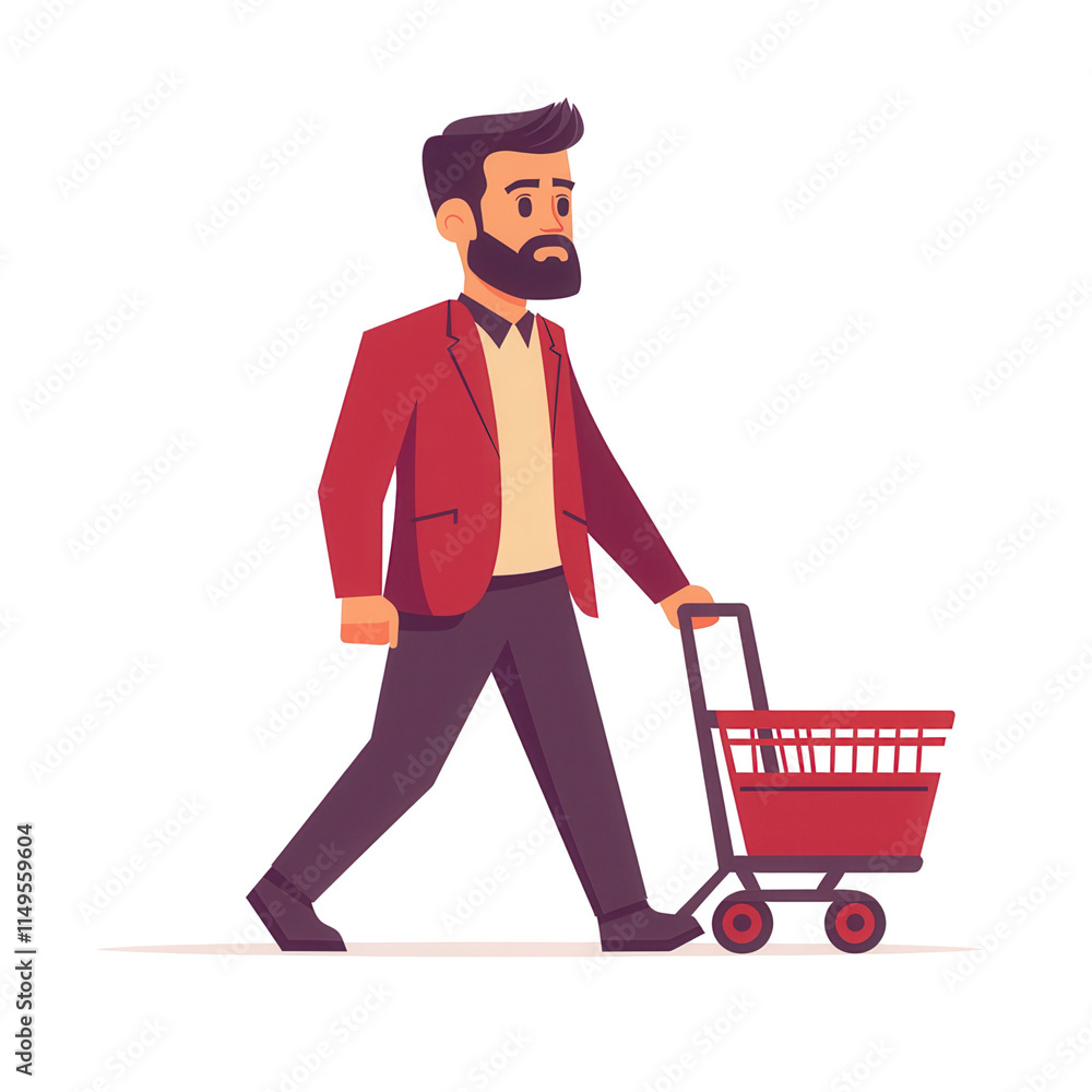 Shopping man walking with cart transparent background urban setting illustration Shopping man walking with cart transparent background urban setting illustration