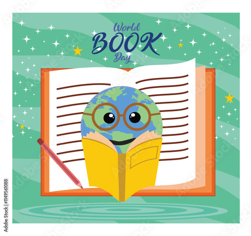 World Book Day Featuring a Smiling Earth Reading a Book with glasses.