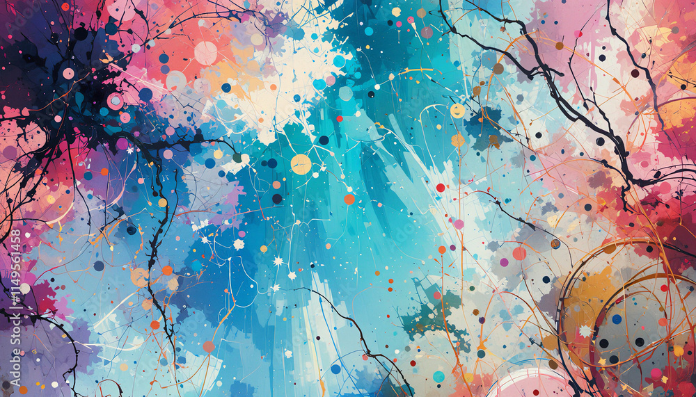 Obraz premium Abstract painting background showcasing a vibrant mix of colors including orange, pink, blue and yellow, creating a visually captivating texture with splatters and layers of paint.