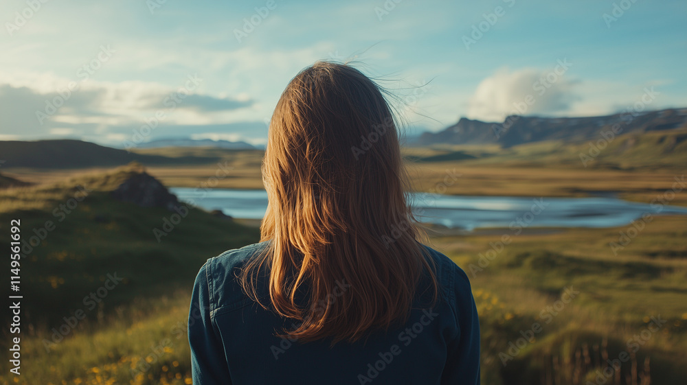 woman with flowing hair gazes at serene, expansive landscape featuring rolling hills, calm lake, and bright sky, evoking sense of peace and connection with nature woman with flowing hair gazes at serene, expansive landscape featuring rolling hills, calm lake, and bright sky, evoking sense of peace and connection with nature