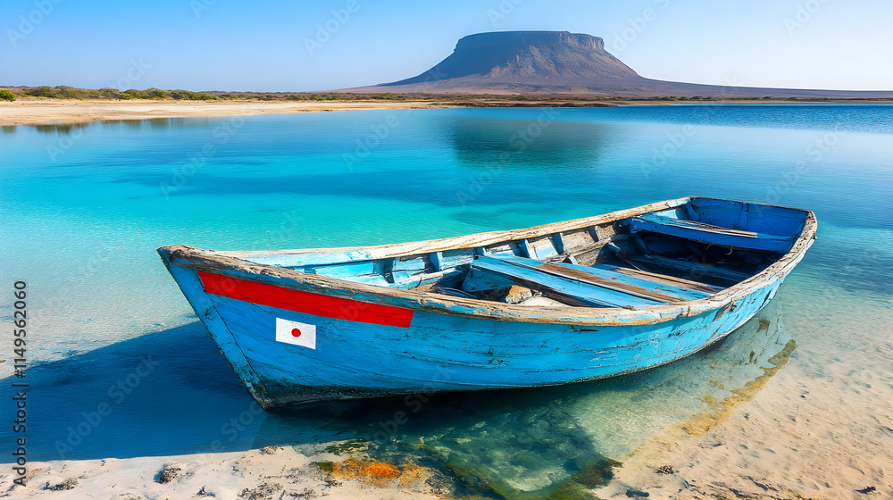 Tranquil Blue Boat in Turquoise Water, Scenic Island Landscape Photo Tranquil Blue Boat in Turquoise Water, Scenic Island Landscape Photo