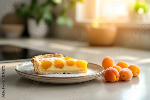 A slice of apricot tart on a stylish plate, fresh apricots beside it, set on a modern kitchen counter glowing with warm, inviting light  photo