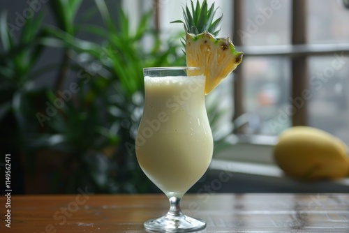 Creamy cocktail with pineapple slice in hurricane glass sits on wooden table near window photo