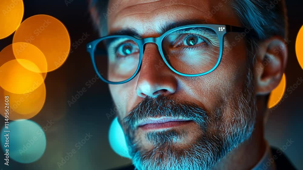 Close-Up Portrait of a Thoughtful Man with Glasses and Bokeh Lights Close-Up Portrait of a Thoughtful Man with Glasses and Bokeh Lights