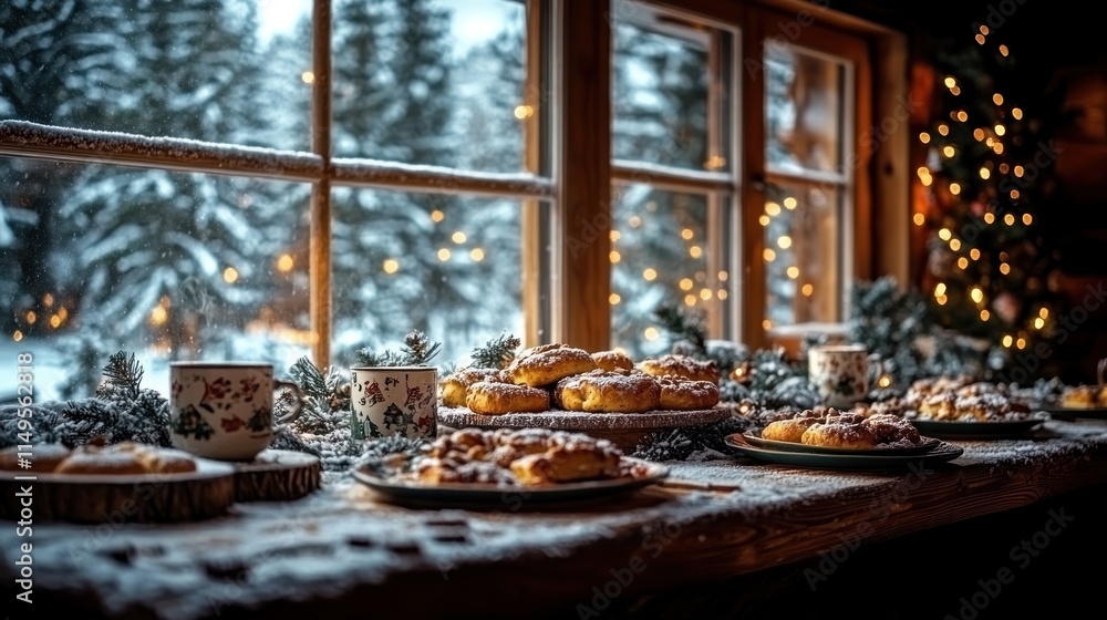 Fototapeta premium Festive Christmas treats by the window in a cozy cabin. Snowy winter scene outside.