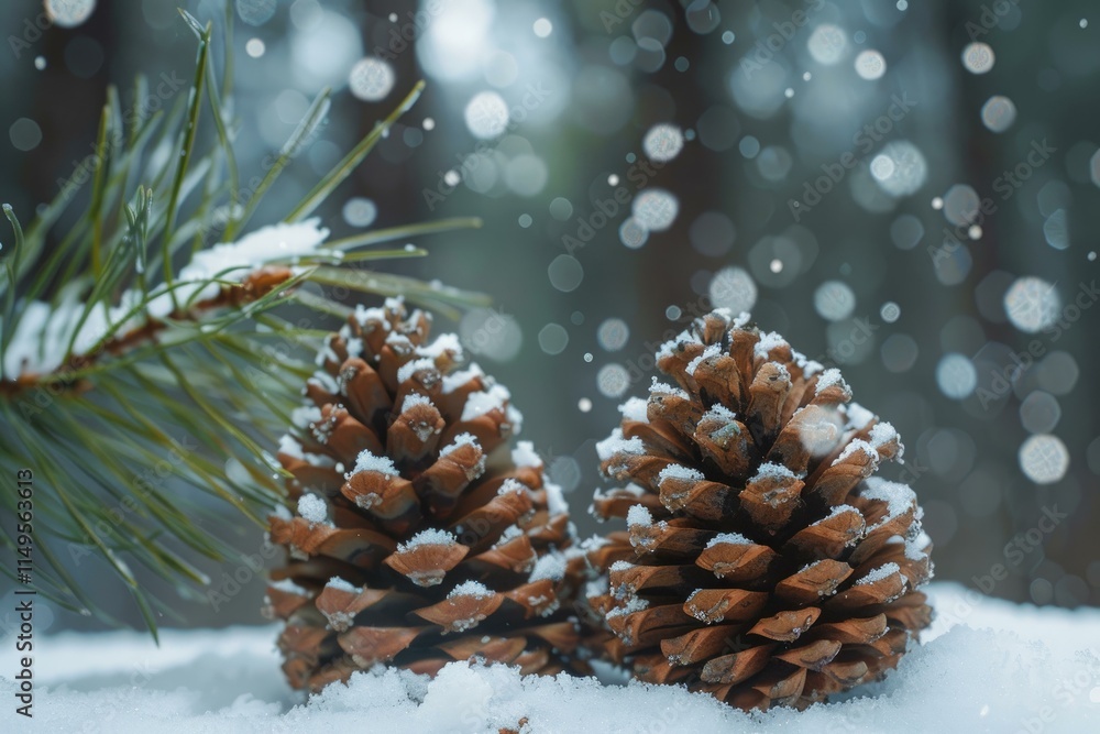 Two pine cones covered with snow flakes during snowfall in winter forest Two pine cones covered with snow flakes during snowfall in winter forest