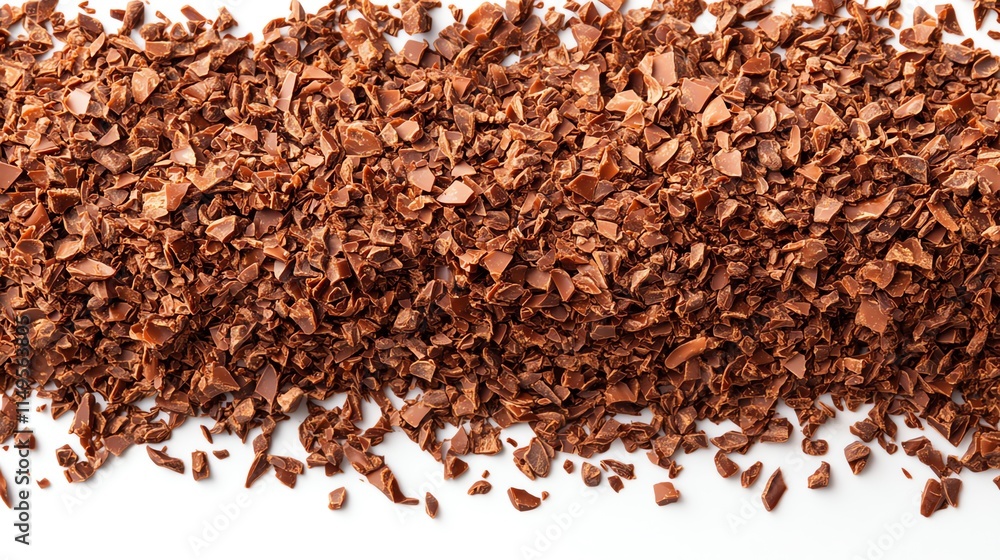 A close-up of a pile of chocolate shavings on a white background. A close-up of a pile of chocolate shavings on a white background.