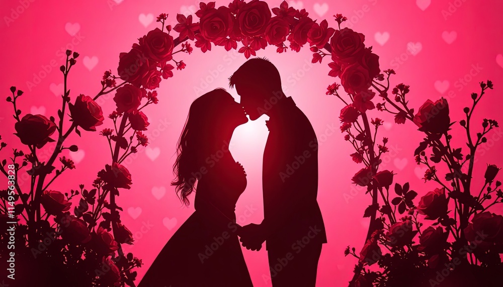 Silhouette of a couple kissing under a heart-shaped arch adorned with flowers. Silhouette of a couple kissing under a heart-shaped arch adorned with flowers.