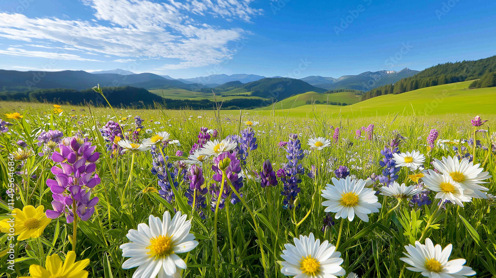 A vibrant photo of a meadow filled with pastel-colored lupines and daisies, with rolling hills in the background A vibrant photo of a meadow filled with pastel-colored lupines and daisies, with rolling hills in the background