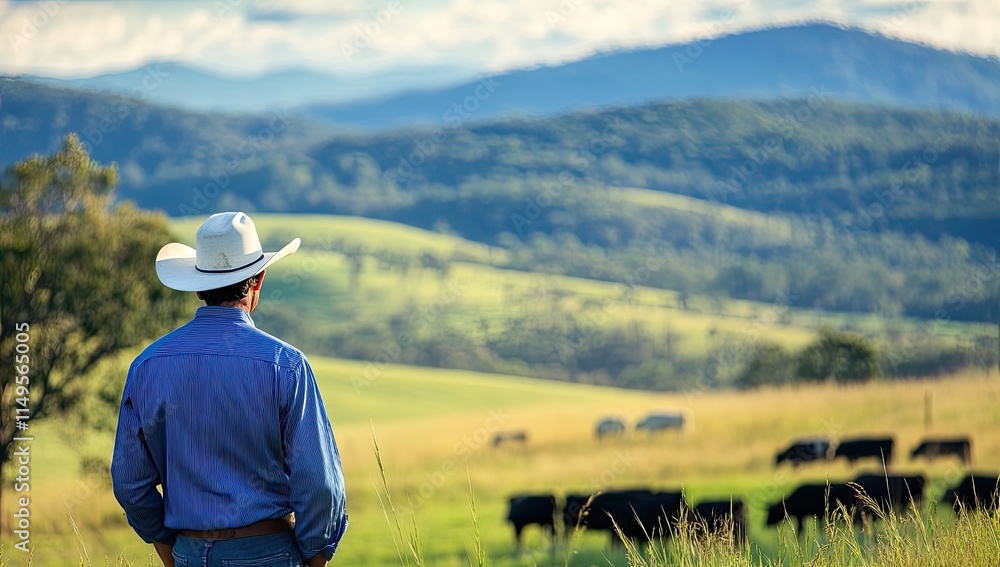 A cowboy walks with his dog along a dirt path in the countryside at sunset, with grazing cattle in the background A cowboy walks with his dog along a dirt path in the countryside at sunset, with grazing cattle in the background