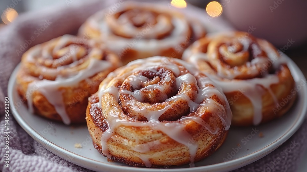 Four delicious cinnamon rolls with icing on a plate. Four delicious cinnamon rolls with icing on a plate.