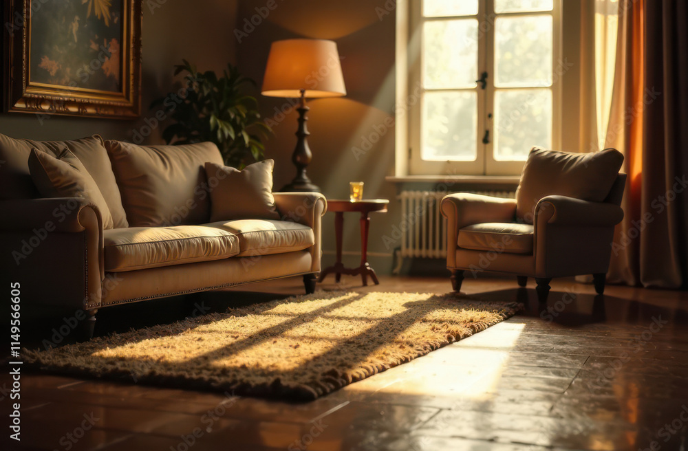 Fototapeta premium Cozy living room with sunlit sofa and armchair by window