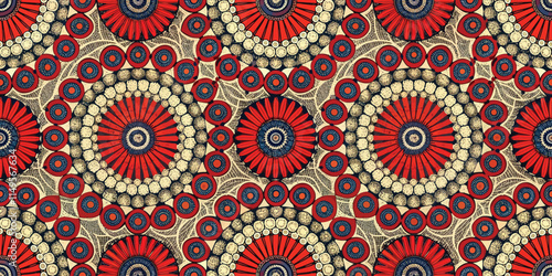 Vibrant circular pattern featuring red and gold hues with intricate design elements.
