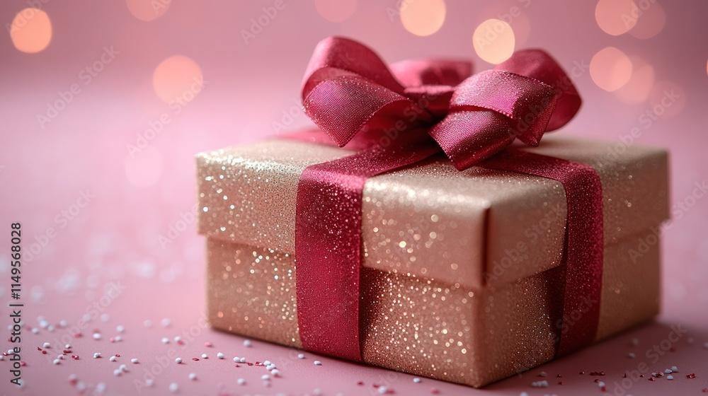 Fototapeta premium Glittery gift box with red ribbon on pink background.