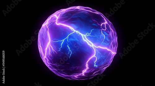 Electric lightning energy ball discharge vector. Thunder circle explosion with plasma shock transparent realistic neon 3d element. Magic power spell with thunderball hit. Burst in blue and purple photo