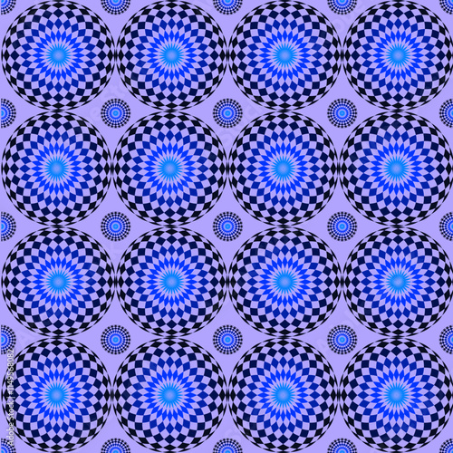 A vibrant geometric pattern featuring concentric circles in shades of blue, black, and purple, creating a visually striking optical illusion effect.