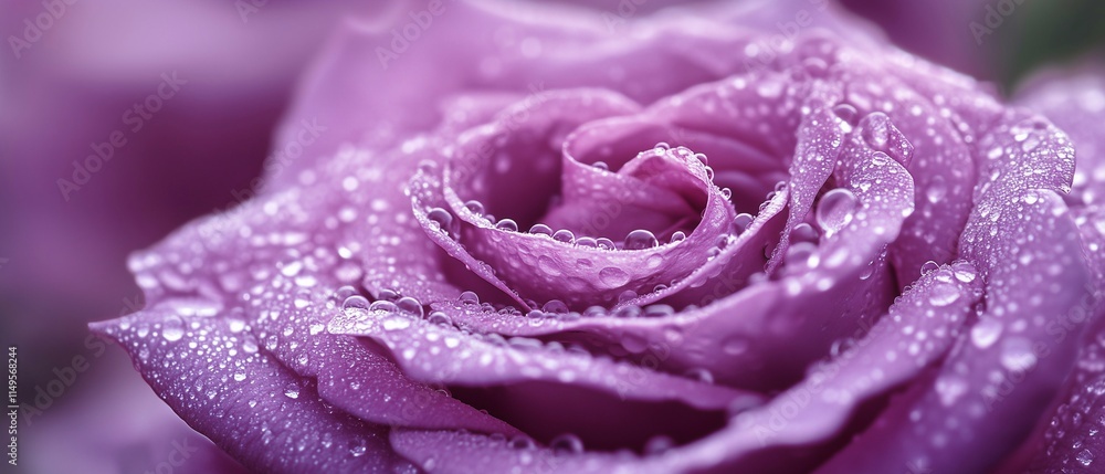 A macro photograph of a purple rose, revealing its intricate details. The velvety texture of the petals is emphasized by the tiny water droplets that cling to its surface. A macro photograph of a purple rose, revealing its intricate details. The velvety texture of the petals is emphasized by the tiny water droplets that cling to its surface.