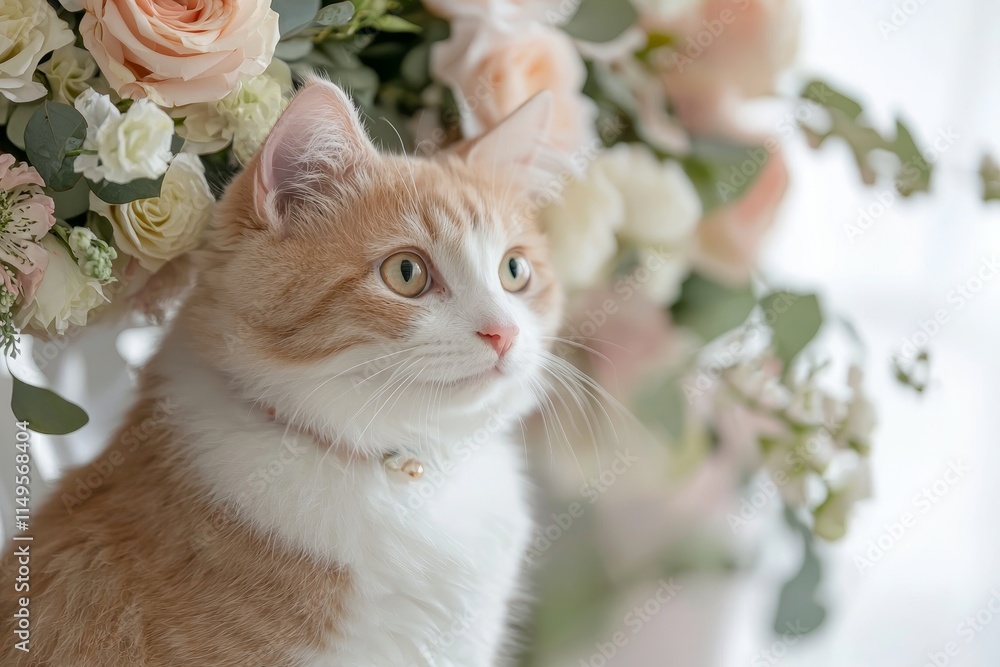 Charming Ginger Cat Surrounded by Beautiful Floral Arrangement Featuring Soft Pastels and Delicate Colors in a Bright and Serene Indoor Setting Charming Ginger Cat Surrounded by Beautiful Floral Arrangement Featuring Soft Pastels and Delicate Colors in a Bright and Serene Indoor Setting
