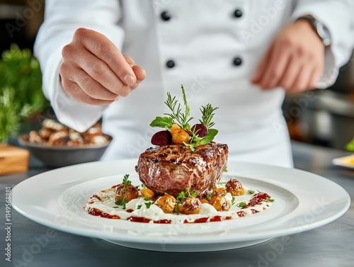 Wallpaper Mural Chef Sprinkling Garnish Over Gourmet Steak Dish on Plate in Restaurant Kitchen Torontodigital.ca