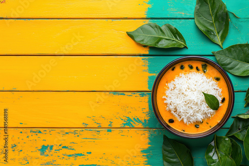 India food, A vibrant image of a bowl of flavorful rasam served with a side of perfectly steamed rice, showcasing Indian cuisine's rich culinary heritage. photo