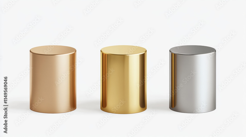 Metal cylinder product podiums in different sizes and angles. Realistic 3D vector set of gold, silver and bronze round stands for goods demonstration or awarding winner. Circle pillar platform mockup. Metal cylinder product podiums in different sizes and angles. Realistic 3D vector set of gold, silver and bronze round stands for goods demonstration or awarding winner. Circle pillar platform mockup.
