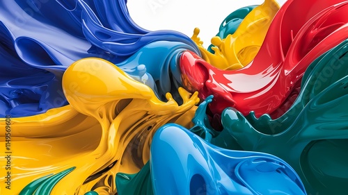 Abstract paint splash with dynamic flowing curves in vibrant primary colors