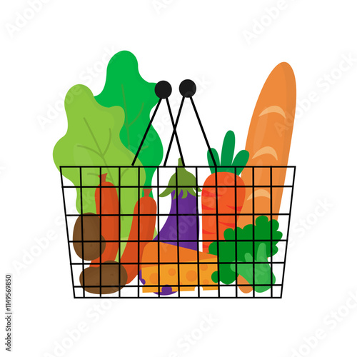 vector of various kinds of shopping ingredients such as fruit, bread, vegetables etc. in a shopping basket