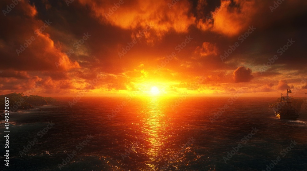 Obraz premium Fiery sunset over ocean with distant sailing ship.