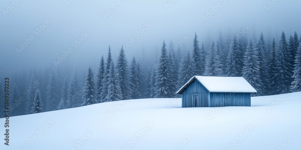 Naklejka premium Rustic wooden cabin blanketed in snow, set against a backdrop of frost-covered pine trees and a soft, misty atmosphere of a winter forest
