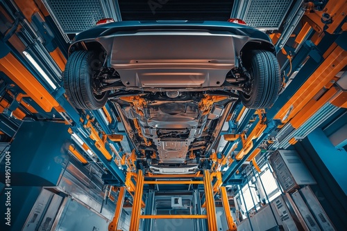 Undercarriage of a four wheel drive vehicle in a professional workshop with vibrant details