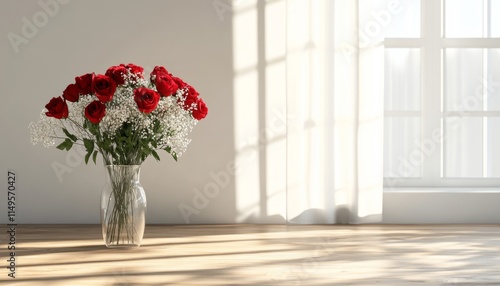 Sunlit vase of red roses and baby s breath on wooden table in a simple living room setting photo