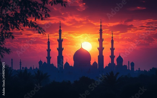 Majestic Mosque Silhouette at Sunset: A Stunning Arabian Nightscape photo