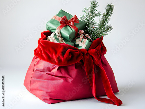 Santa's red bag full of presents wrapped in green paper with fat and green twig. Isolated on a white background.