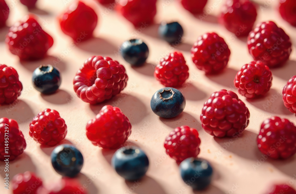 Fresh raspberries and blueberries on a light surface Fresh raspberries and blueberries on a light surface