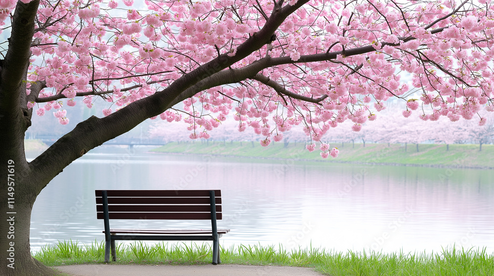 A serene photo of a tranquil riverside garden with pastel-colored cherry blossoms and a small wooden bench A serene photo of a tranquil riverside garden with pastel-colored cherry blossoms and a small wooden bench