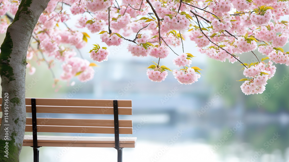A serene photo of a tranquil riverside garden with pastel-colored cherry blossoms and a small wooden bench A serene photo of a tranquil riverside garden with pastel-colored cherry blossoms and a small wooden bench