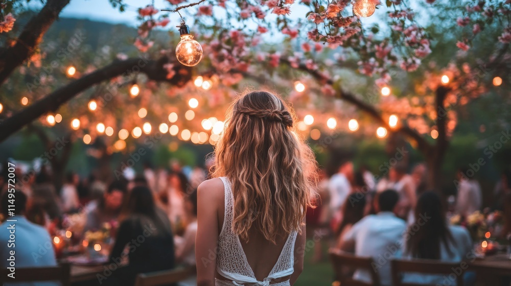 Obraz premium Friends Enjoying a Spring Barbecue in a Blooming Backyard
