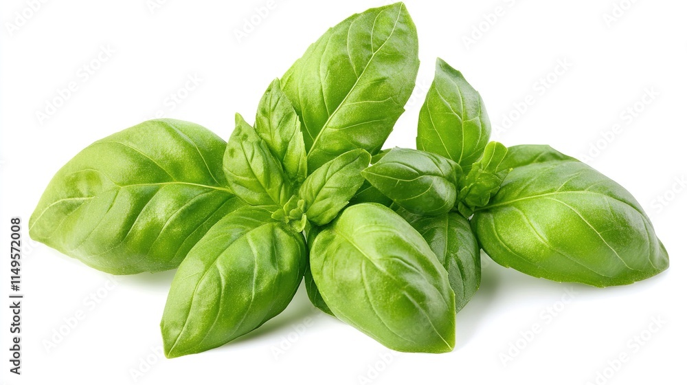 Fototapeta premium Stunning Close-Up of Fresh Basil Leaves Isolated on a White Background, Highlighting the Delicate Green Textures and Aroma of This Culinary Herb.