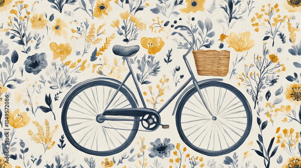 Fototapeta premium Vintage Bicycle Illustration with Whimsical Flowers