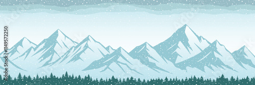 Winter mountain landscape, seamless border, forest and sunset sky, blizzard and snowfall, vector illustration