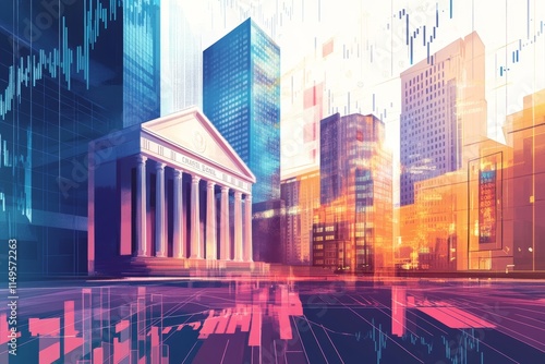 Modern abstract digital illustration of government buildings with financial charts and graphs
