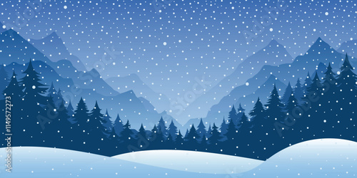 Minimalistic winter landscape, forest and mountains, snowdrifts and snowfall, vector illustration