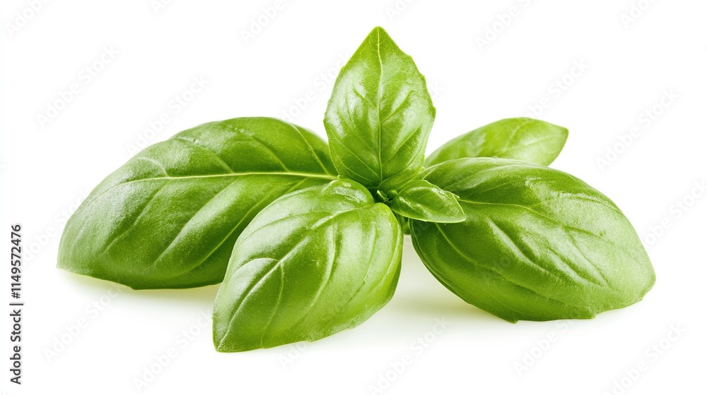 Stunning Close-Up of Fresh Basil Leaves Isolated on a White Background, Highlighting the Delicate Green Textures and Aroma of This Culinary Herb. Stunning Close-Up of Fresh Basil Leaves Isolated on a White Background, Highlighting the Delicate Green Textures and Aroma of This Culinary Herb.