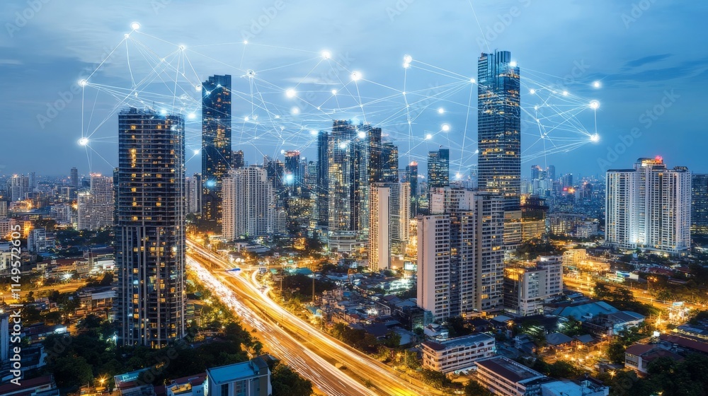 Obraz premium High-Tech City with Digital Pathways and Wave Lines