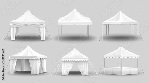 Tent mockup for exhibition event. Realistic 3d vector illustration set of white marquee canopy for product presentation front and side view. Garden gazebo for summer festival. Square pavilion template photo