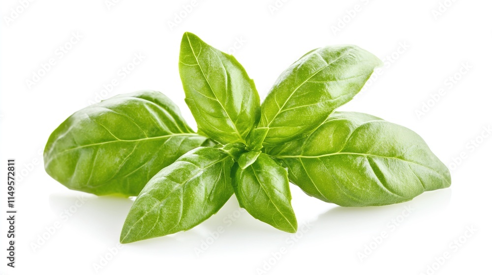 Stunning Close-Up of Fresh Basil Leaves Isolated on a White Background, Highlighting the Delicate Green Textures and Aroma of This Culinary Herb. Stunning Close-Up of Fresh Basil Leaves Isolated on a White Background, Highlighting the Delicate Green Textures and Aroma of This Culinary Herb.